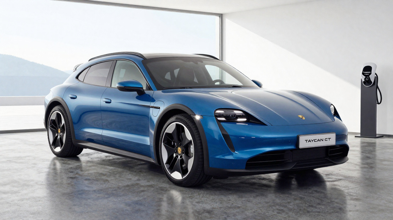 Blauer Porsche Taycan Cross Turismo steht in modernem Raum neben Ladestation für Elektroautos.