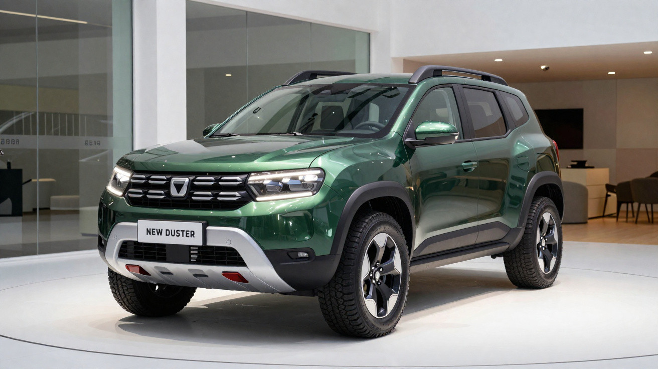 Grüner Dacia New Duster SUV in Ausstellungshalle, seitliche Frontansicht, moderne Beleuchtung, weiße Plattform