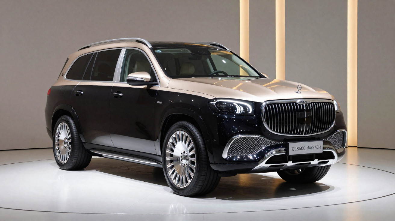 Mercedes-Maybach GLS 600 Luxus-SUV in Schwarz und Silber auf Präsentationspodest mit Lichtstreifen im Hintergrund.