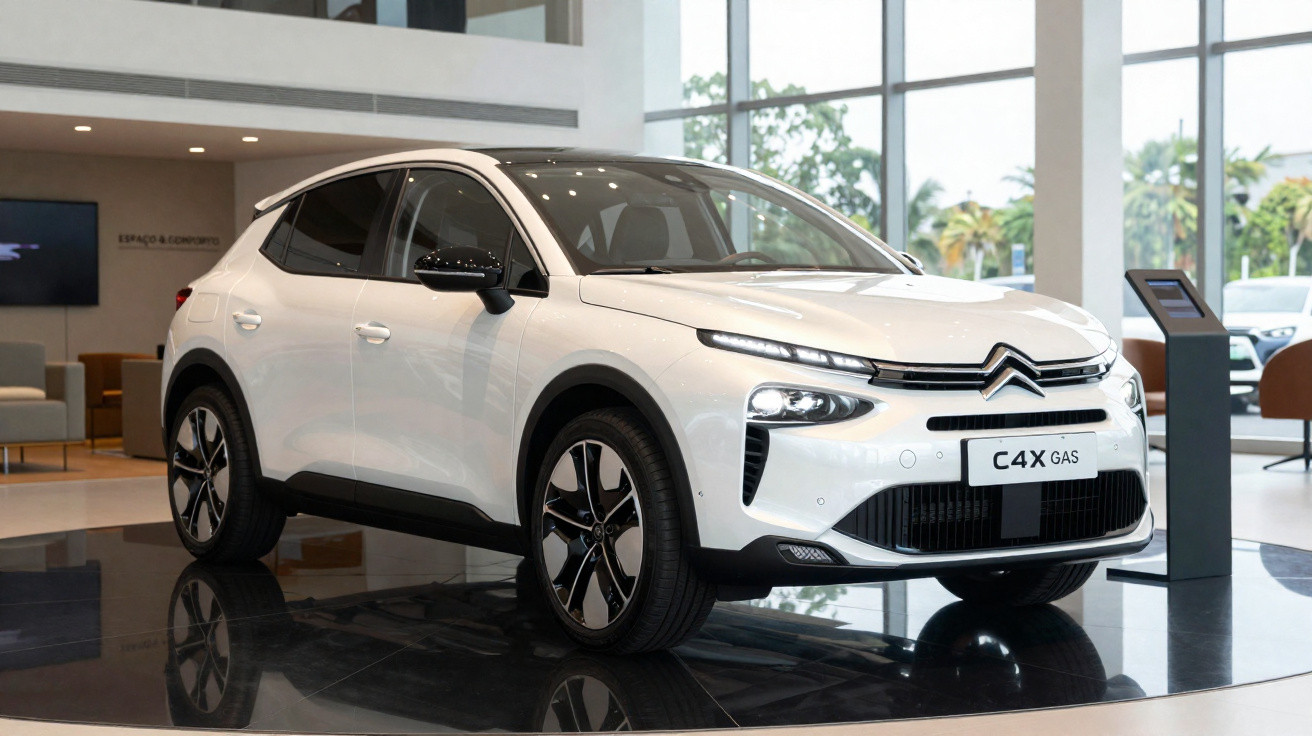 Weißer Citroën C4X Gas SUV im Autohaus auf schwarz glänzendem Präsentationspodest.