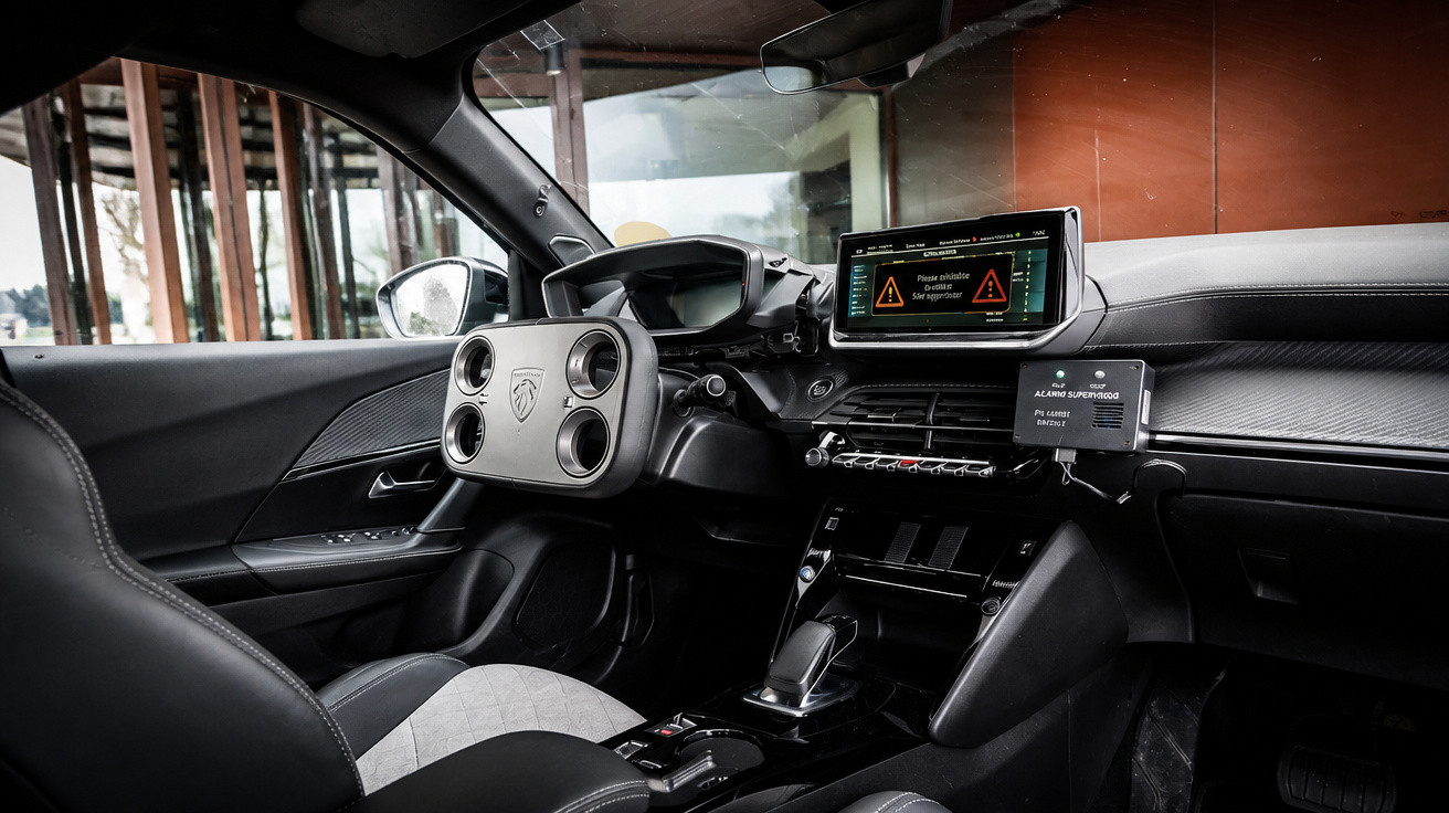 Innenraum eines modernen Autos mit digitalem Display und Lenkrad, Blick auf Fahrer- und Beifahrerseite.