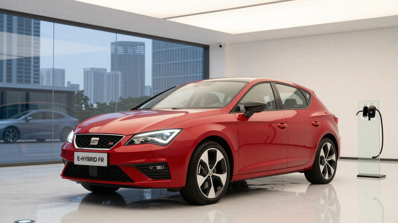 Roter Seat E-Hybrid FR Pkw in modernem Showroom neben Ladestation, Stadt im Hintergrund sichtbar.