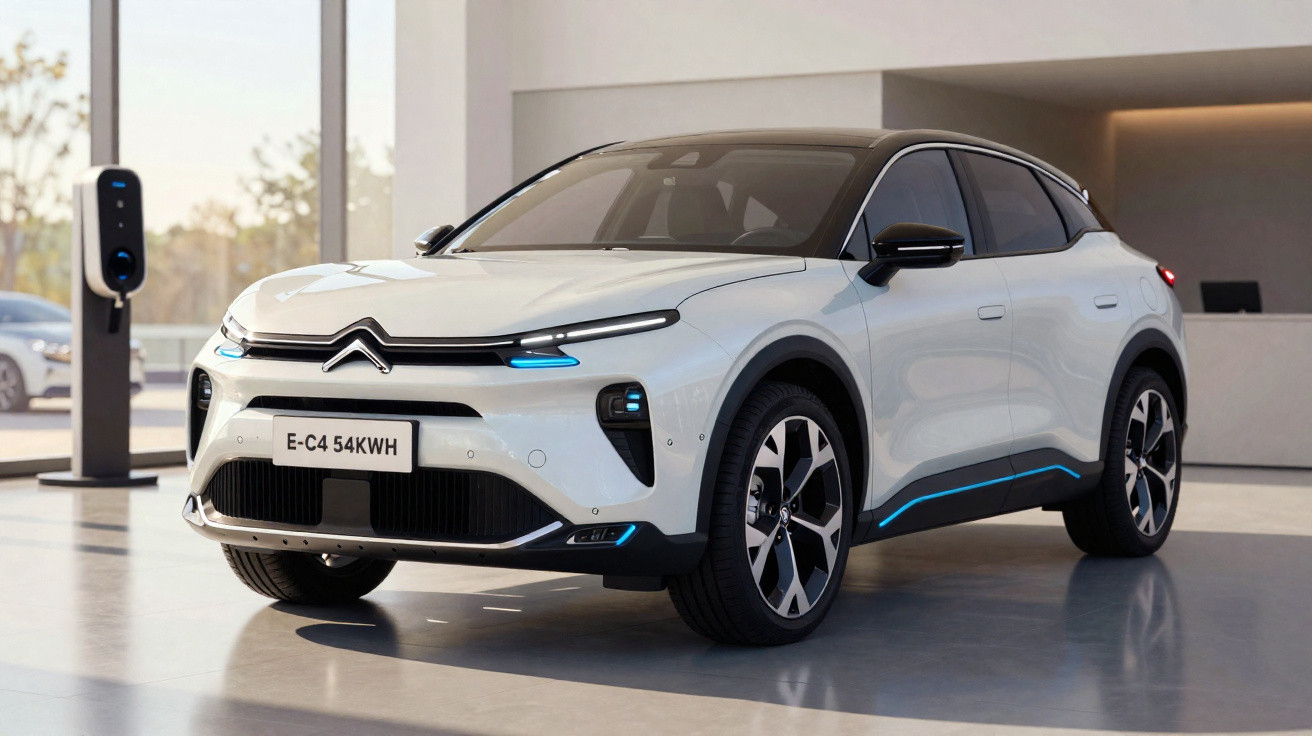 Weißes Citroën E-C4 54KWH Elektroauto in modernem Showroom mit Ladestation im Hintergrund.