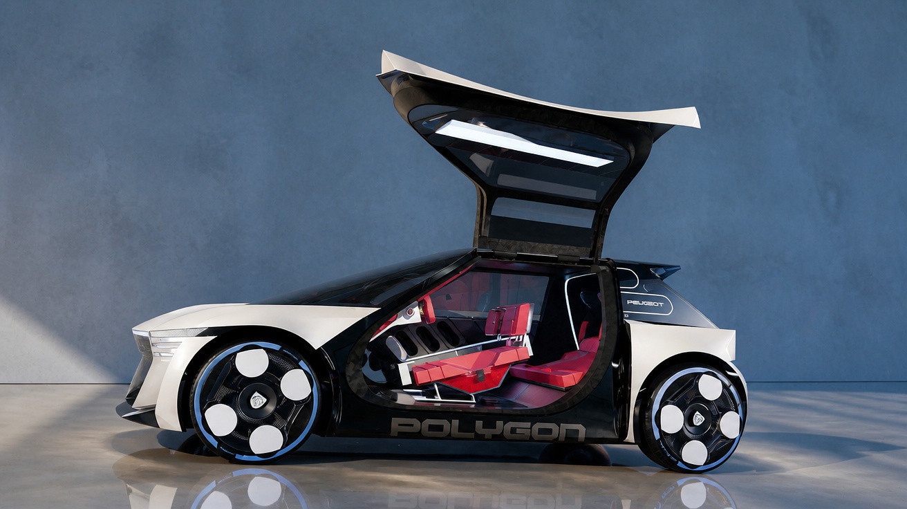 Futuristisches Auto mit Flügeltür, schwarzem und weißem Design, rotem Innenraum und modernem Stil vor grauer Wand.