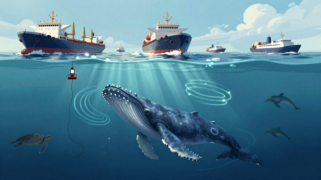 Illustration von Wal, Schildkröte und Delfinen unter Wasser, mit Frachtschiffen und Booten darüber.