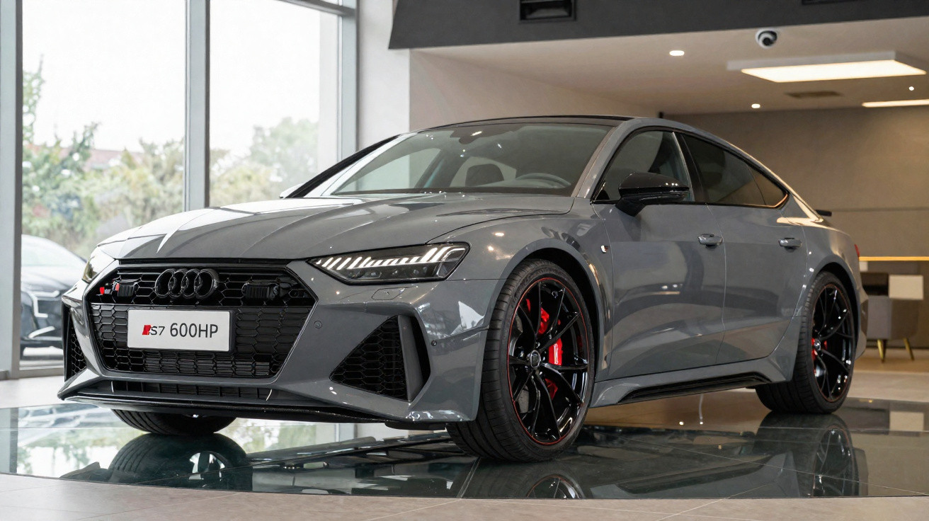 Audi RS7 in Grau mit 600 PS steht in einem modernen Autohaus auf glänzendem Boden.