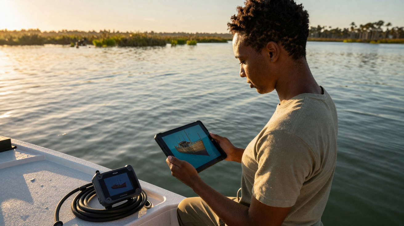 Mann sitzt auf Boot und betrachtet Bild eines Fischkutters auf Tablet, umgeben von ruhigem Wasser und Vegetation.