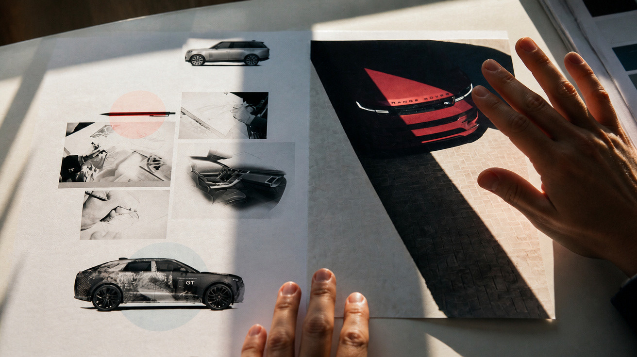 Hände betrachten Autodesign-Skizzen und Fotos, darunter ein rotes Fahrzeug im Schatten.