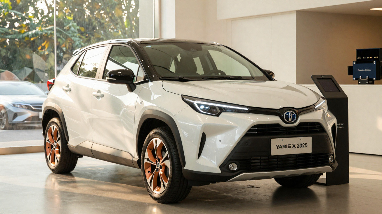 Weißer Toyota Yaris X 2025, kompakter SUV mit modernen LED-Scheinwerfern, steht in einem Autohaus.
