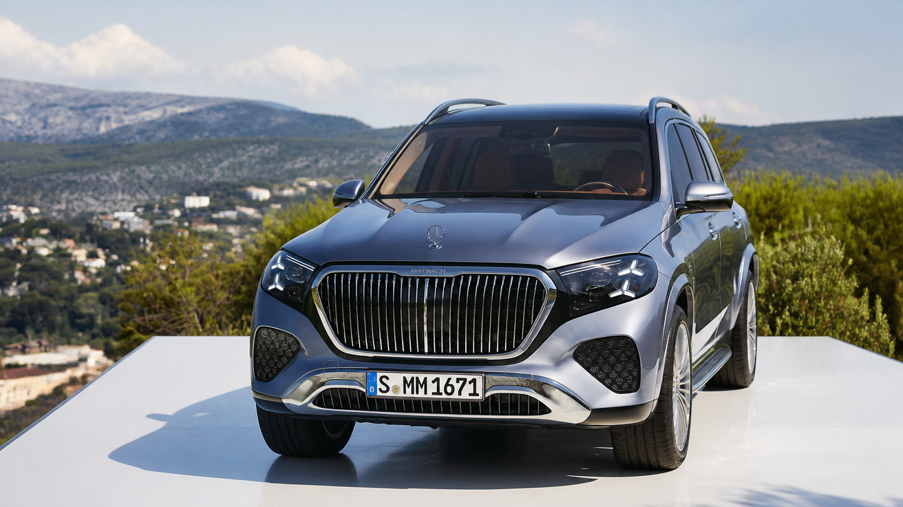 Mercedes-Maybach SUV in metallicgrau auf weißer Plattform vor bergiger Landschaft bei Tageslicht