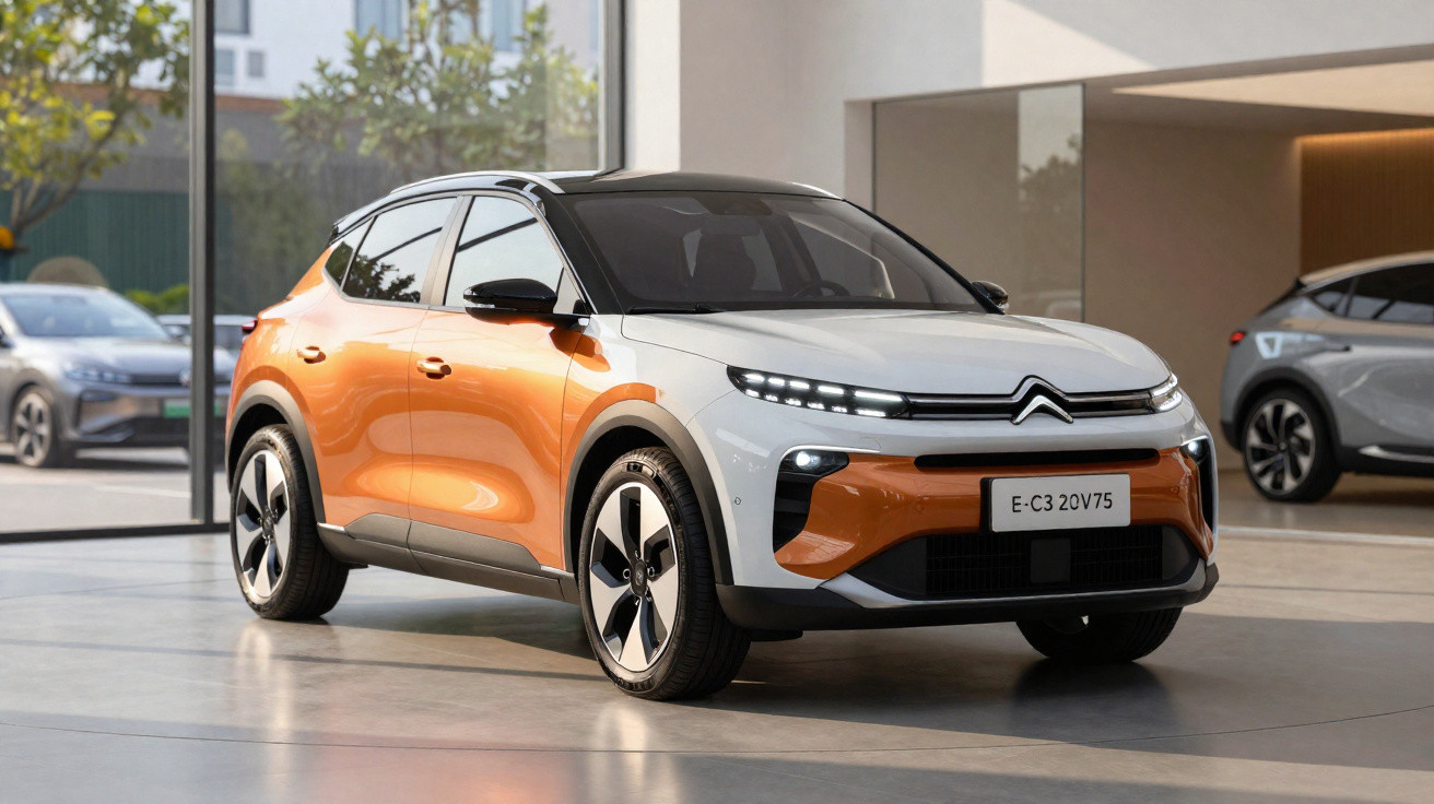 Orange-weißer Citroën E-C3 Elektro-SUV in moderner Ausstellungshalle bei Tageslicht.