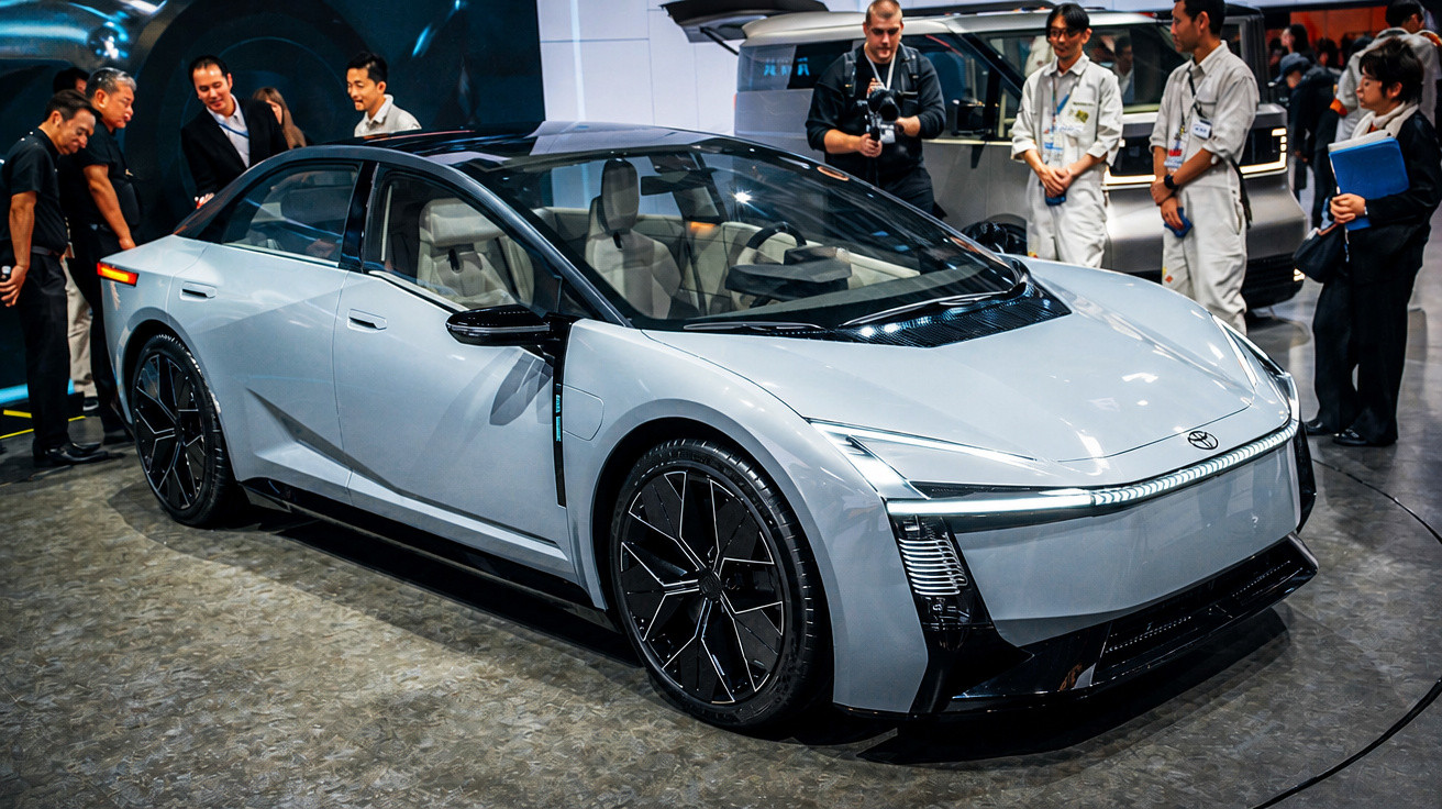 Silbernes futuristisches Elektroauto auf Messe mit mehreren Personen im Hintergrund, die es betrachten und fotografieren.