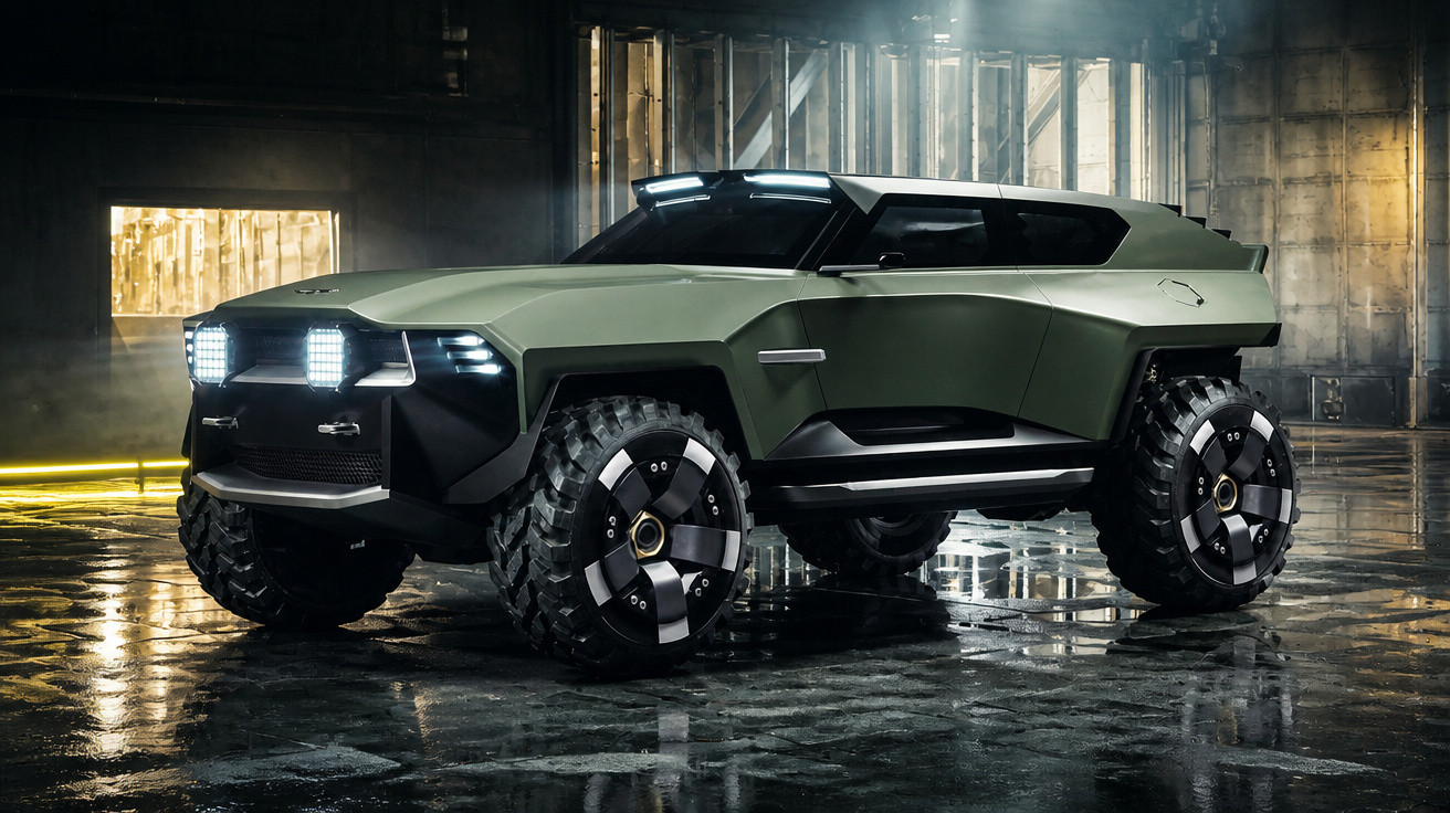 Futuristisches, grünes Geländefahrzeug mit großen Reifen und leuchtenden Frontlichtern in Industriehalle.