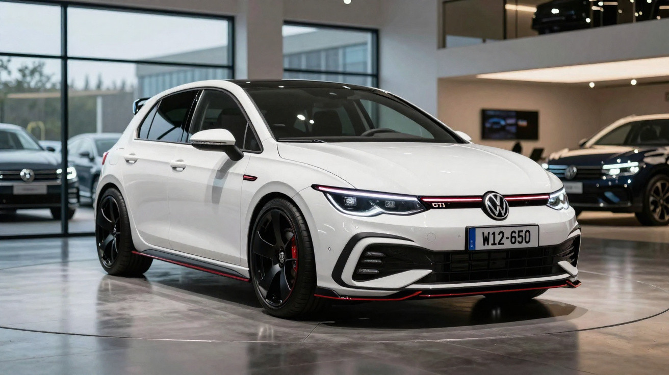 Weißer Volkswagen Golf GTI mit schwarzen Felgen im modernen Autohaus gezeigt.
