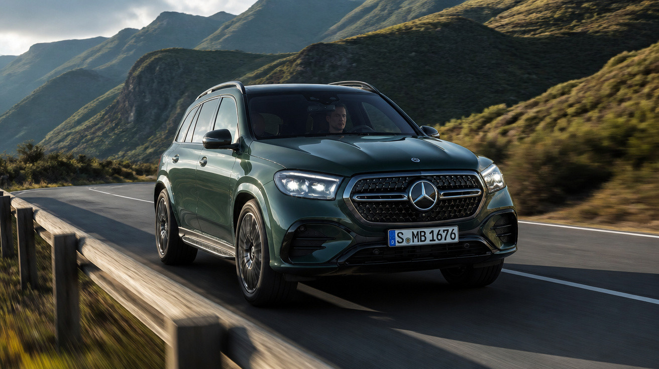 Dunkelgrüner Mercedes SUV fährt auf Bergstraße mit bewaldeten Hügeln im Hintergrund.