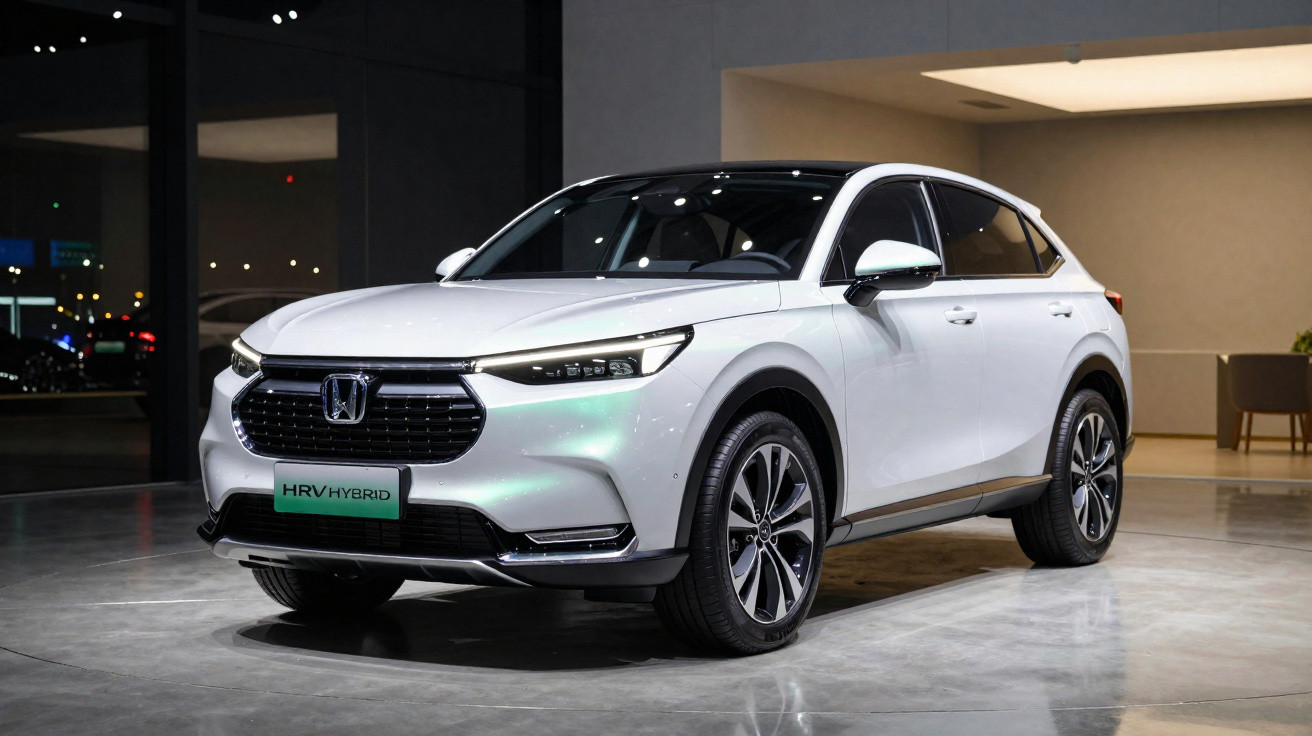 Weißer Honda HR-V Hybrid SUV in moderner Halle mit glänzendem Boden und dunklem Hintergrund.