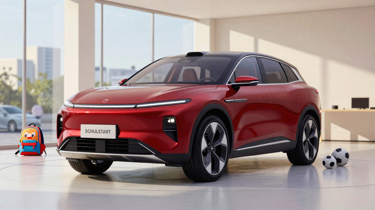 Roter moderner SUV steht in hellem Raum neben Schulranzen und zwei Fußbällen auf dem Boden.