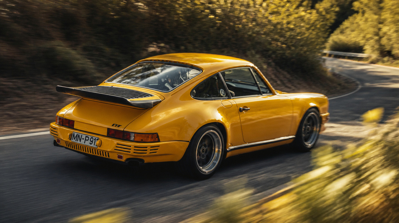 Gelber klassischer Porsche 911 fährt auf einer kurvigen Landstraße umgeben von Wald bei Sonnenlicht.