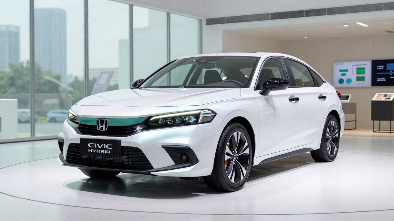 Weißer Honda Civic Hybrid in moderner Ausstellungshalle mit großen Fenstern und Stadtblick im Hintergrund.
