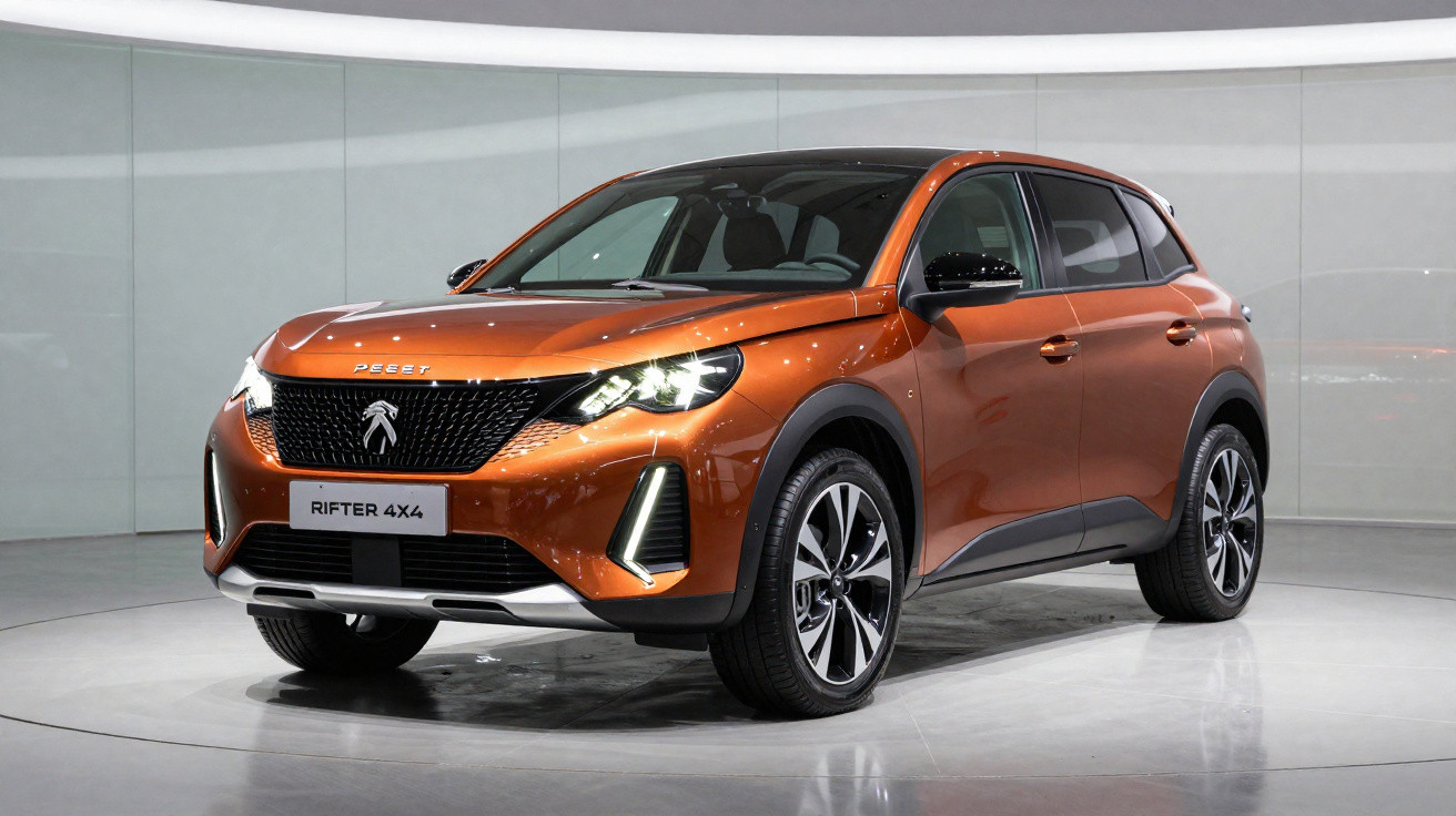 Orangener Peugeot Rifter 4x4 SUV steht in einem modernen, hellen Ausstellungsraum.
