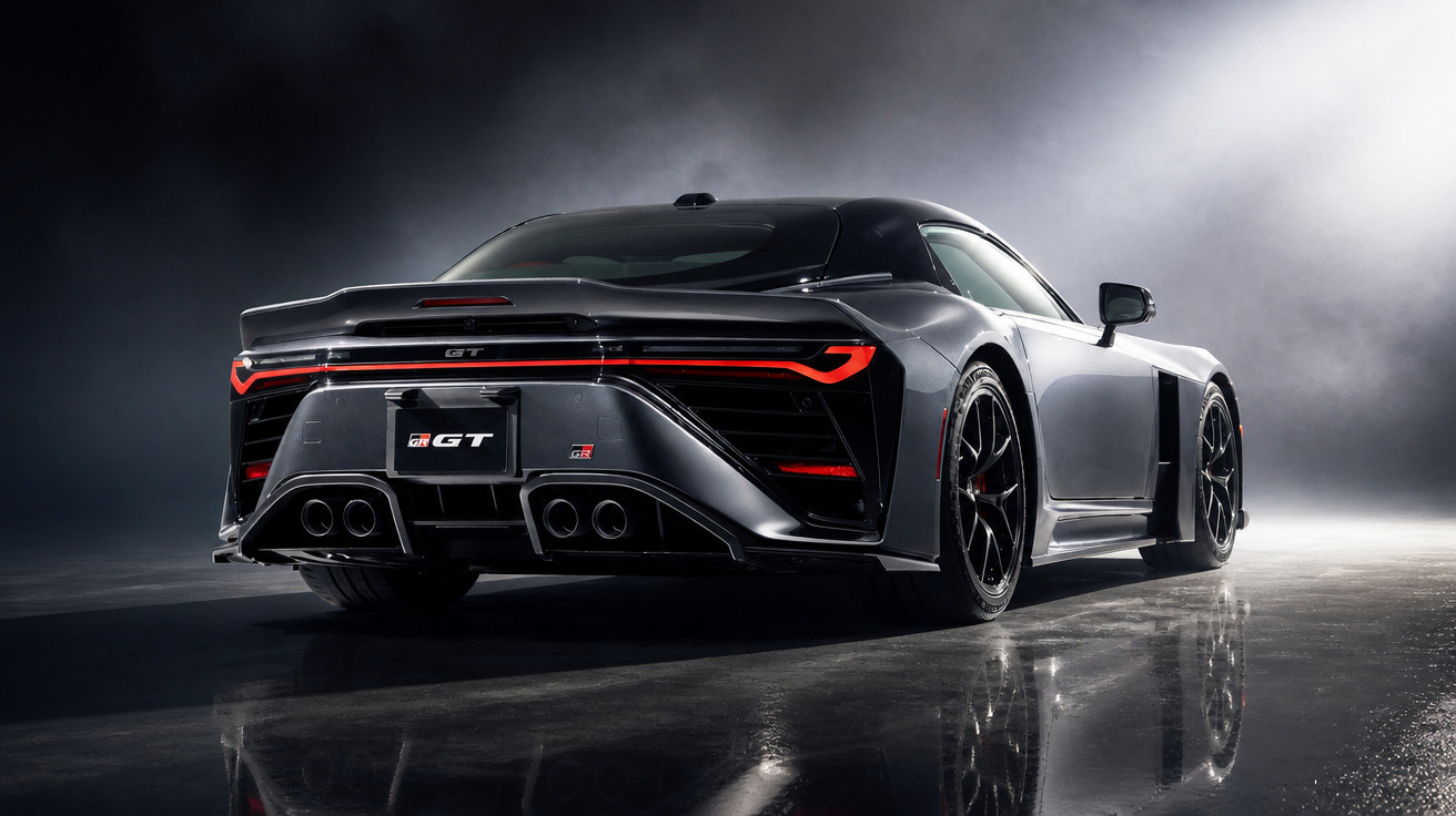 Heckansicht eines schwarzen Sportwagens Toyota GR GT mit markanten LED-Rückleuchten in dunkler Umgebung.