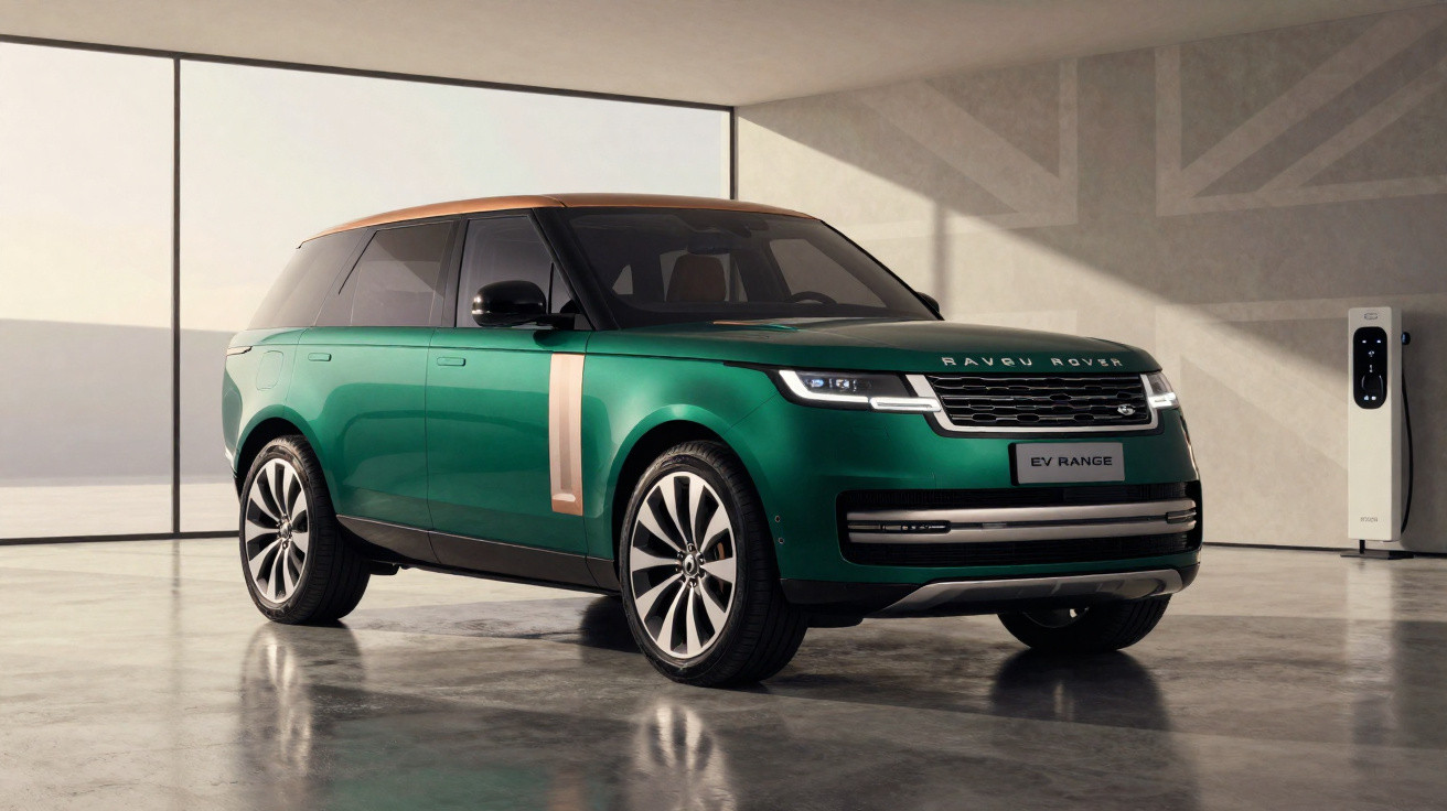 Grüner Range Rover mit braunem Dach in modernem Raum an Ladestation für Elektrofahrzeuge.
