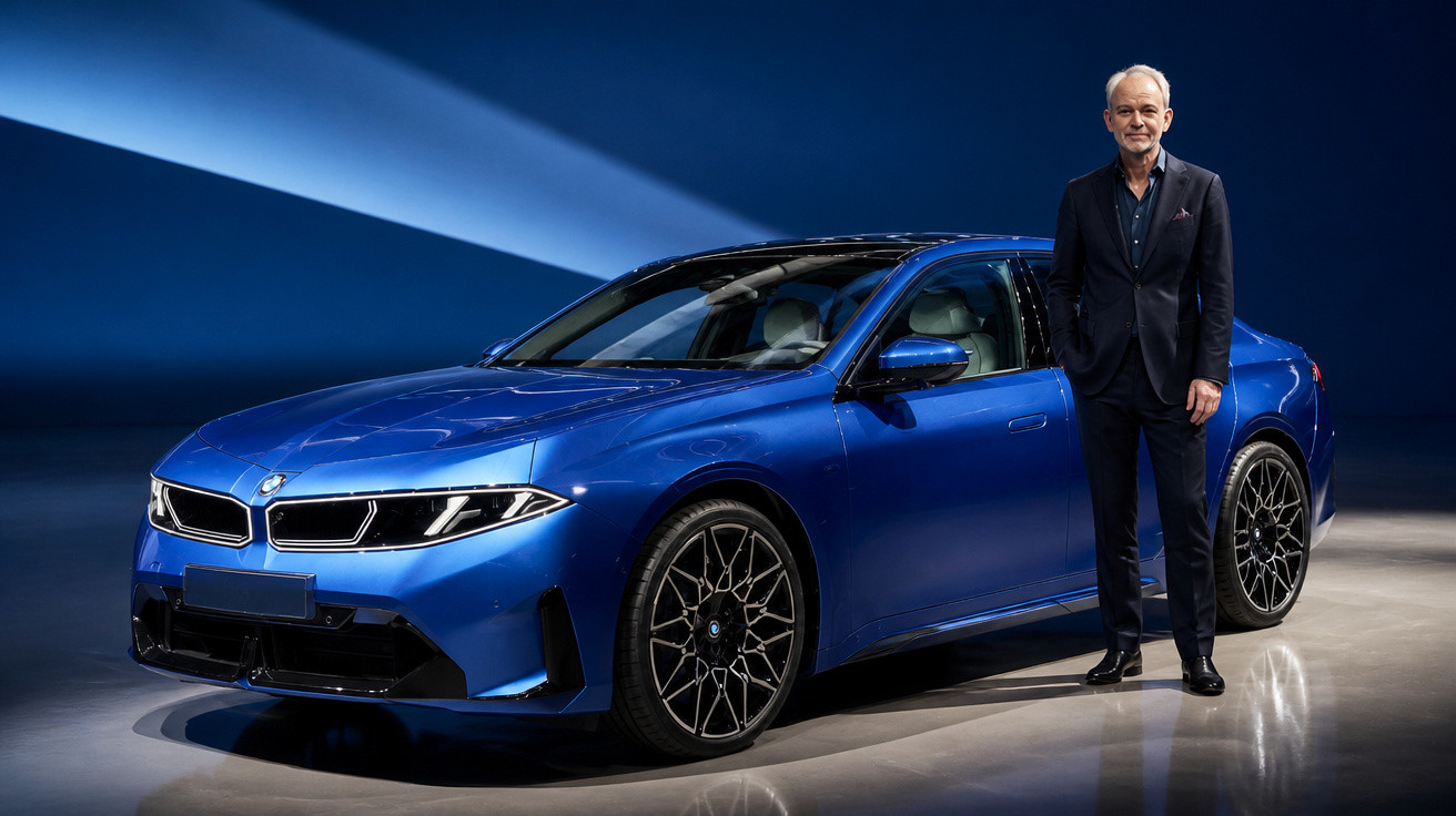 Mann in dunklem Anzug steht neben blauem BMW-Sportwagen in stilvollem, beleuchtetem Studio.
