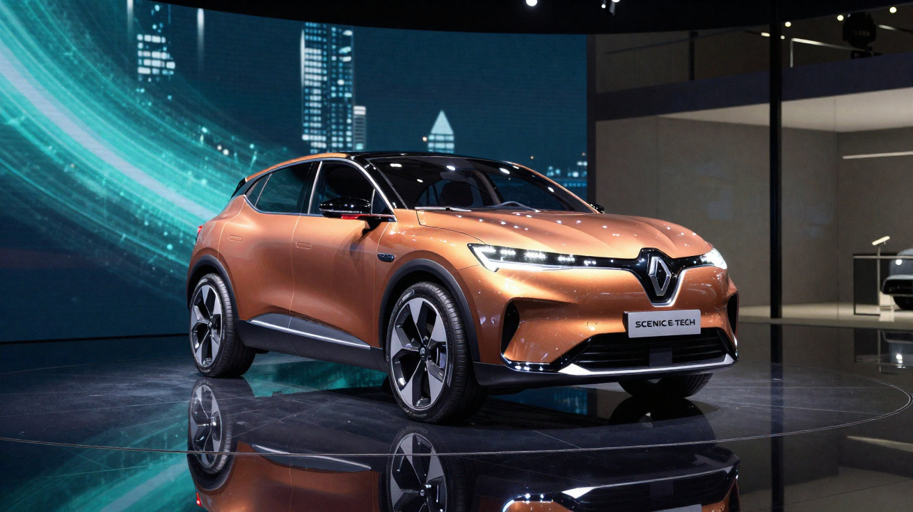 Bronzefarbenes Renault Scenic E-Tech Elektroauto auf glänzendem Messestand vor digitalem Stadtmotiv.