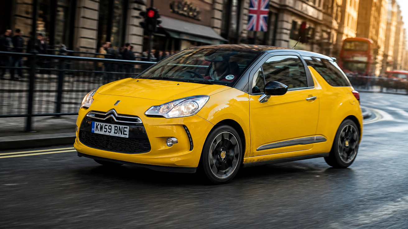 Gelber Citroën DS3 fährt auf einer nassen Straße in einer belebten Stadt bei Sonnenuntergang.