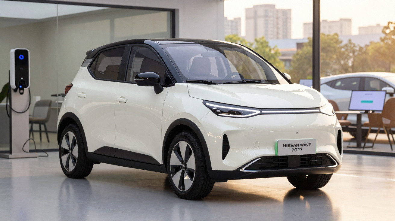 Weißer Nissan Wave 2027 Elektroauto in modernem Showroom neben Ladestation.