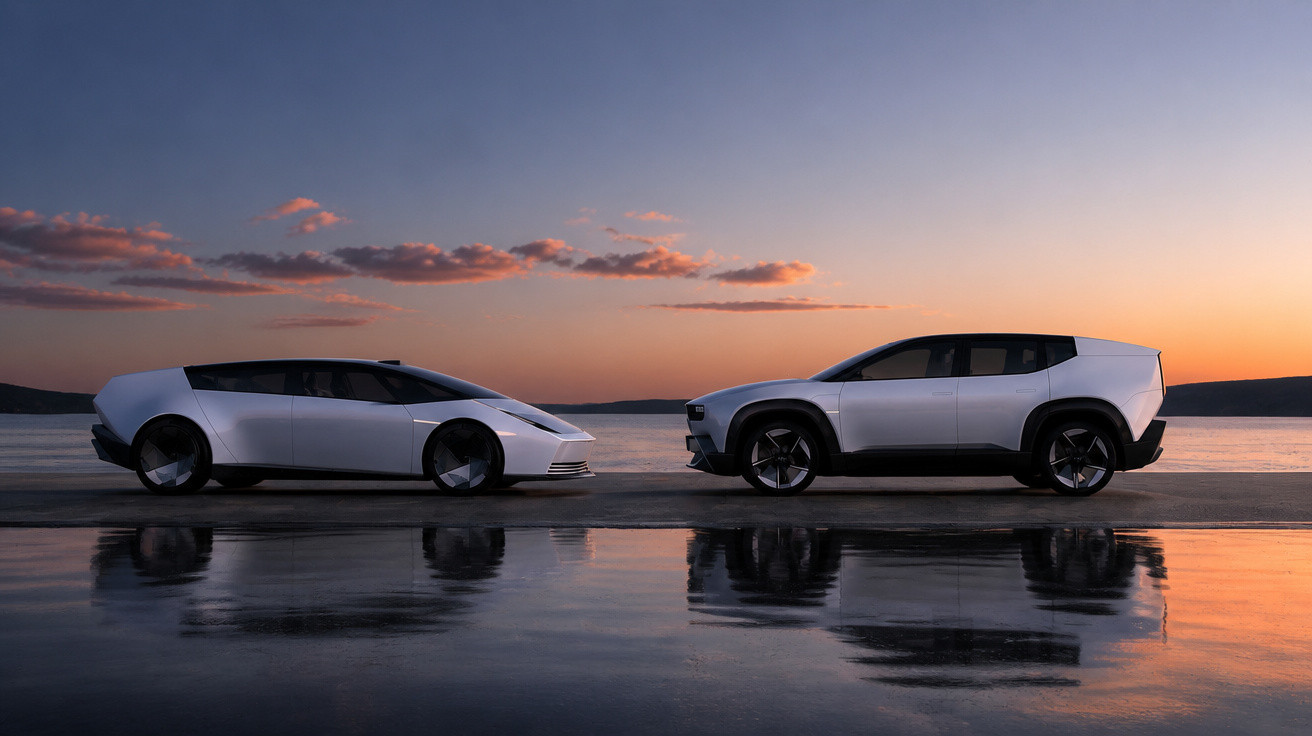 Zwei futuristische weiße Elektroautos stehen sich bei Sonnenuntergang am Wasser gegenüber.