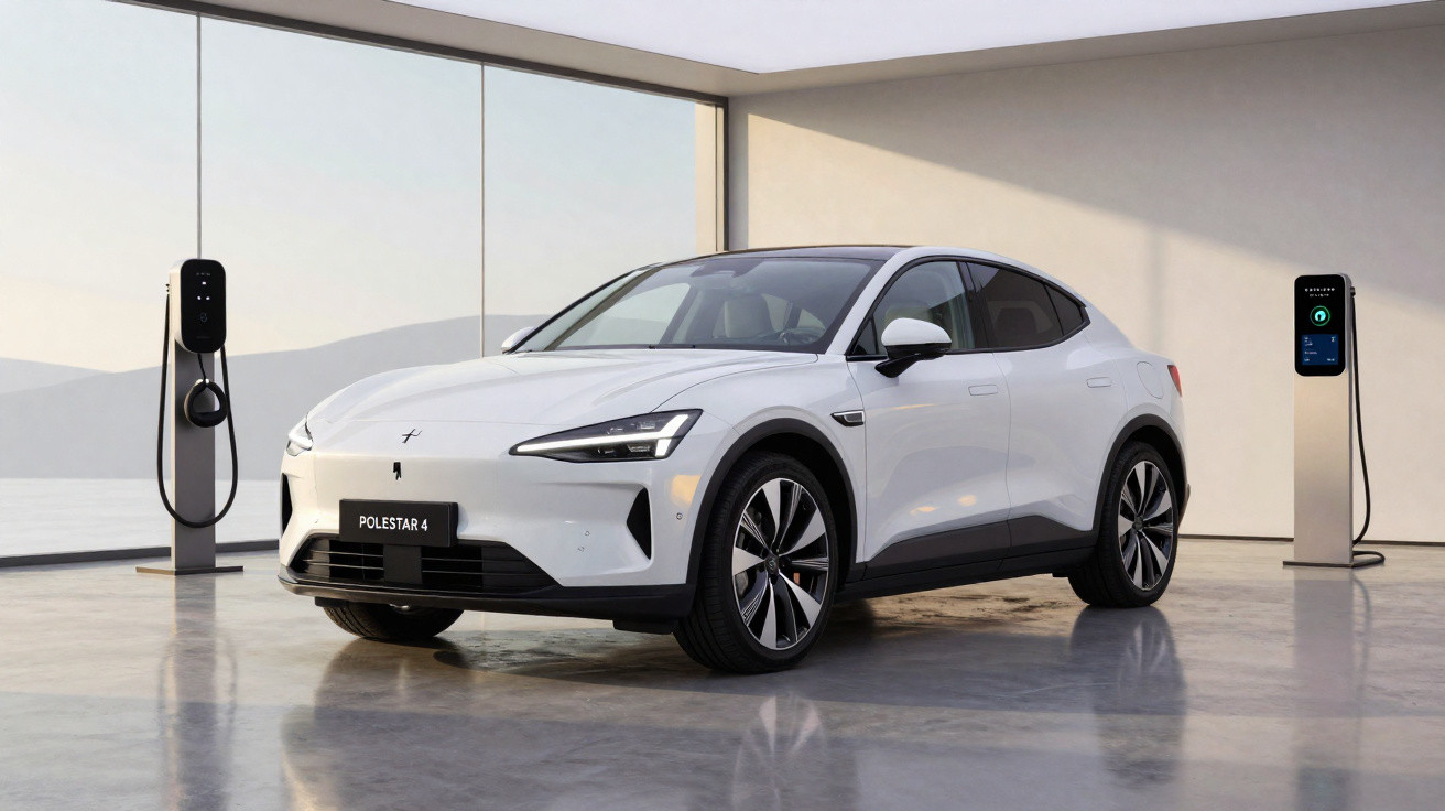 Weißer Polestar 4 Elektro-SUV in modernem Showroom neben zwei Ladestationen.
