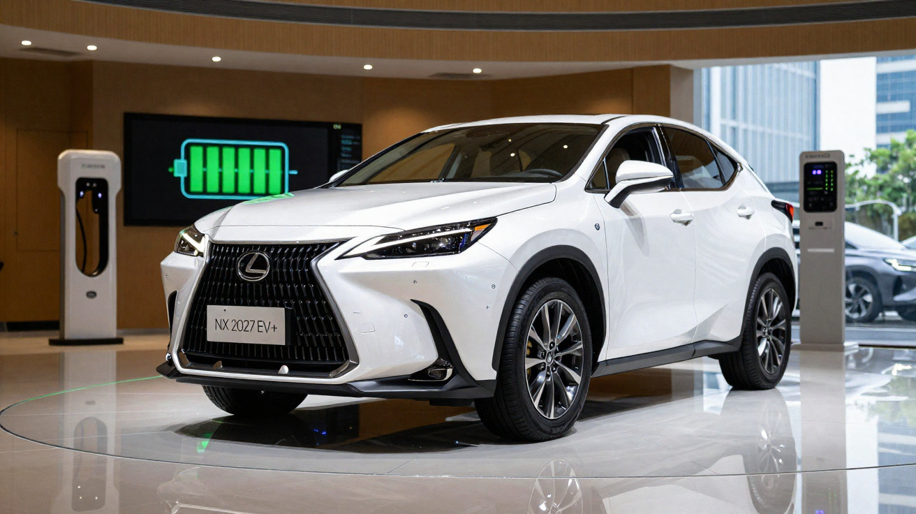 Weißer Lexus NX 2027 EV+ Elektro-SUV in moderner Ausstellungshalle neben Ladestationen.