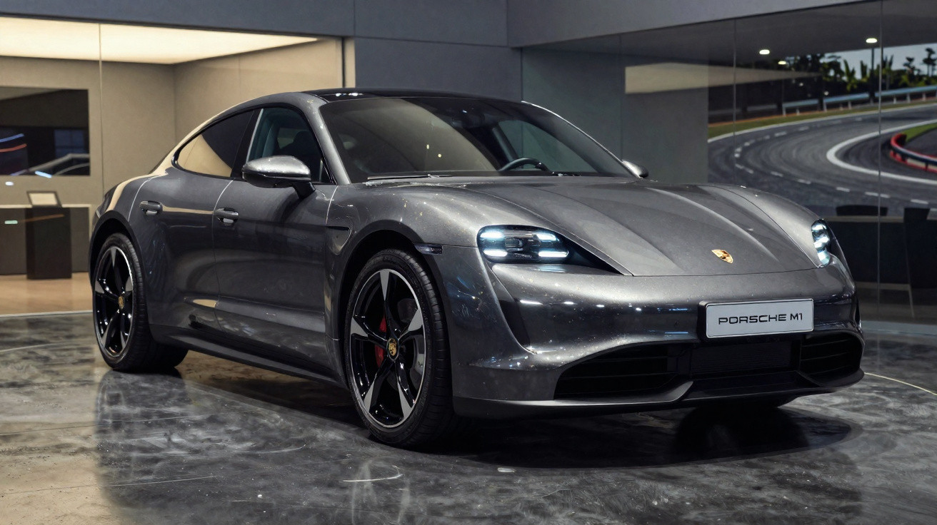 Grauer Porsche Taycan Sportwagen steht in modernem Showroom mit reflektierendem Boden.