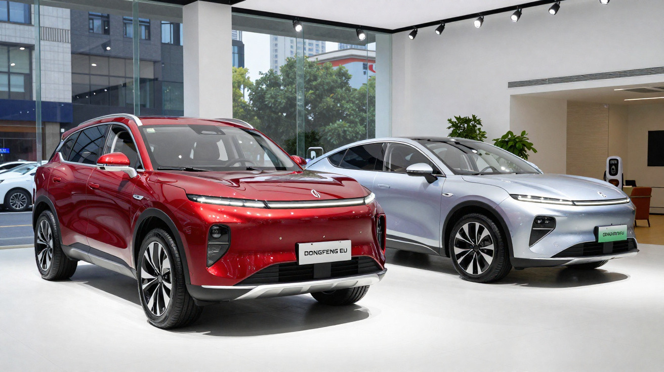 Zwei moderne Dongfeng Elektro-SUVs, rot und silber, in einem hellen Showroom stehend.