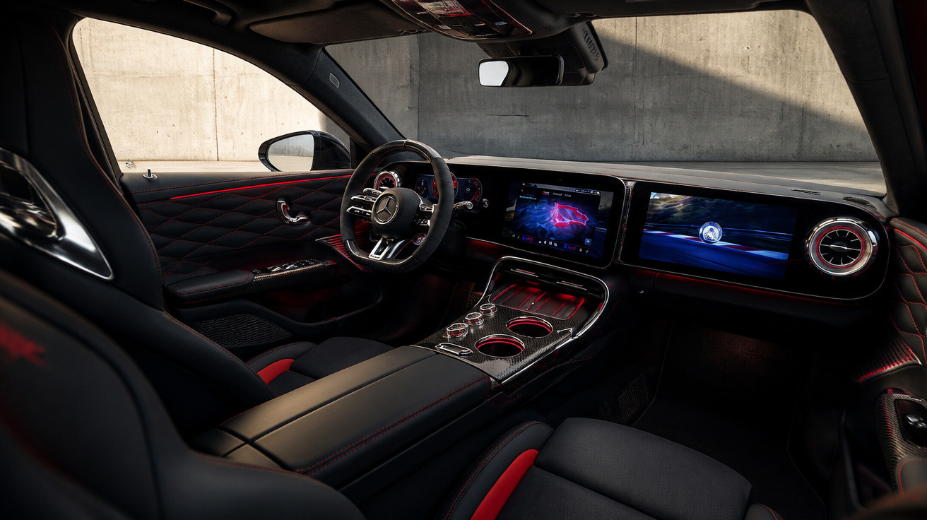 Innenraum eines Mercedes mit modernem Armaturenbrett, zwei Displays und schwarzem Leder mit roten Akzenten.