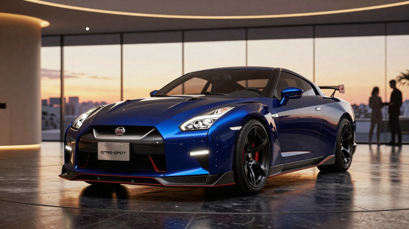 Blauer Nissan GT-R Sportwagen in moderner Halle mit Sonnenuntergang und zwei Personen im Hintergrund.