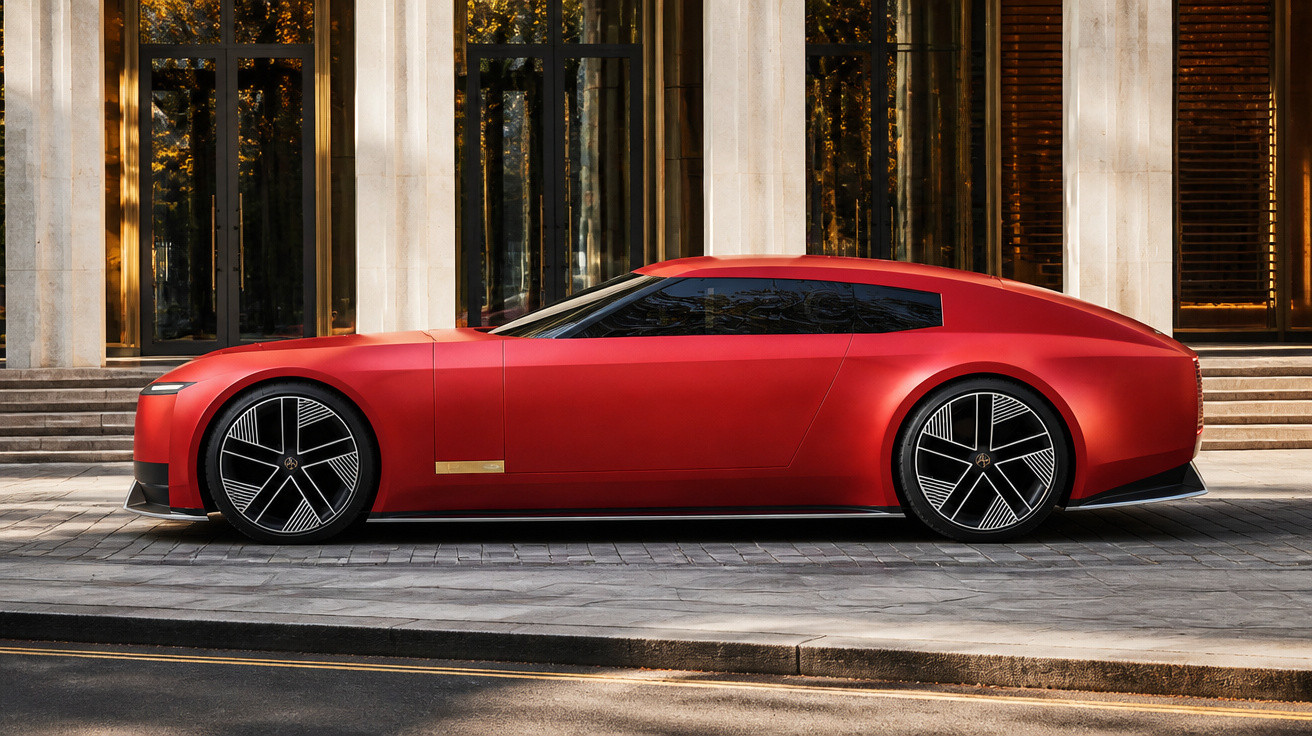 Rotes futuristisches Elektroauto mit schlankem Design, großen Rädern und getönten Fenstern vor modernem Gebäude.