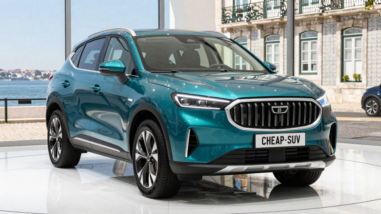 Blauer SUV mit modernem Design und Chrom-Kühlergrill auf einer Ausstellung vor Fenster mit Stadtblick.