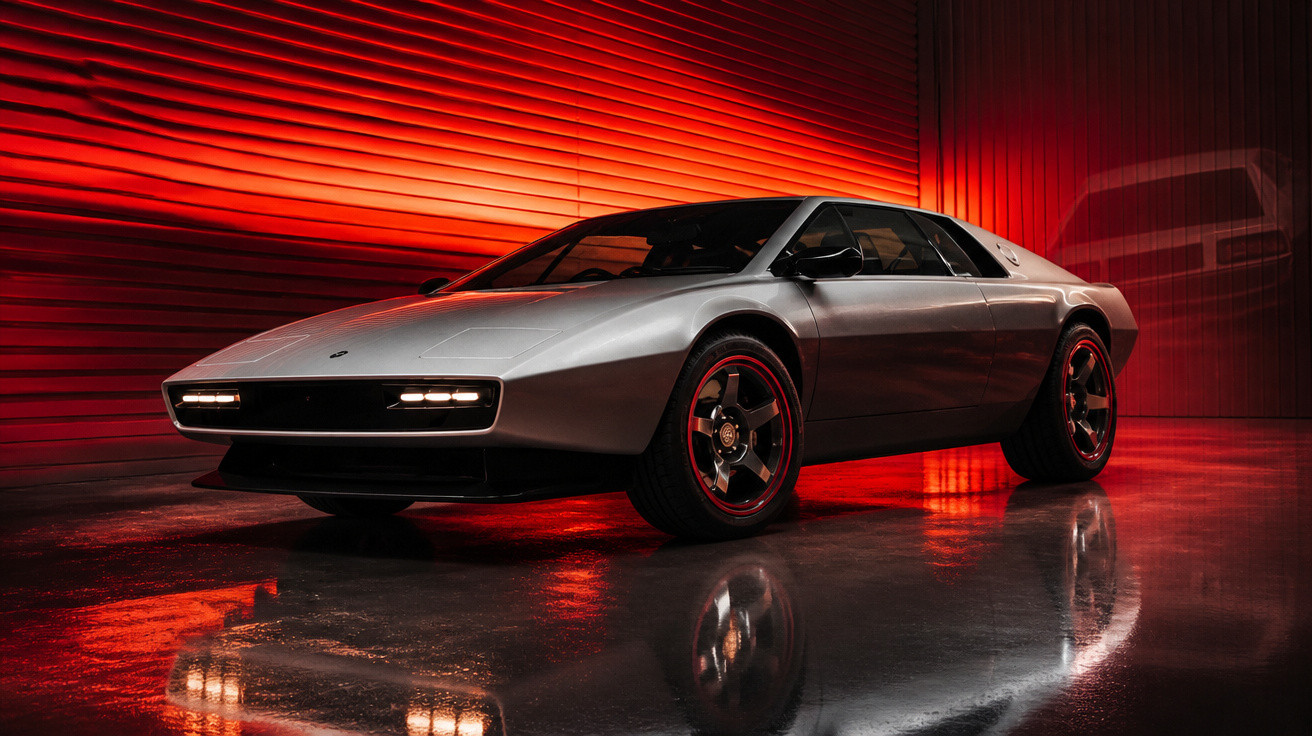 Silberner Sportwagen mit futuristischem Design vor roter beleuchteter Wand im Showroom.