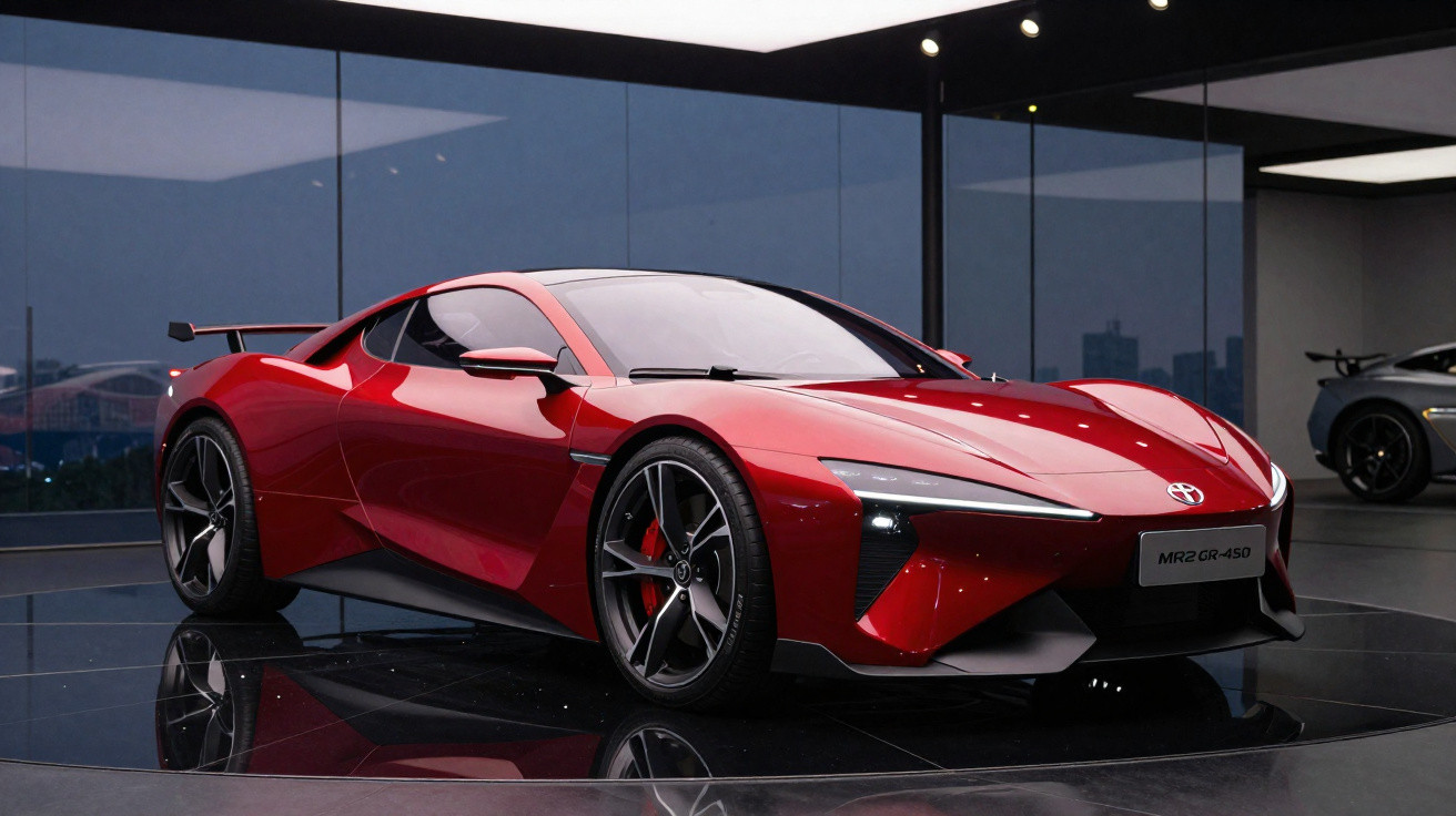 Roter Toyota MR2 GR-450 Sportwagen in moderner Ausstellungshalle auf Drehplattform dargestellt.