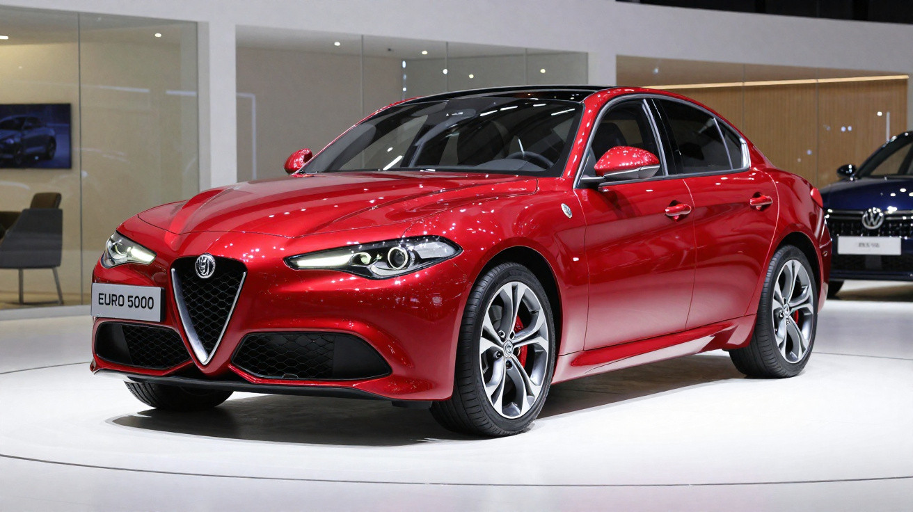 Roter Alfa Romeo Sportwagen in einer hellen Ausstellung mit glänzendem Lack und markantem Kühlergrill.
