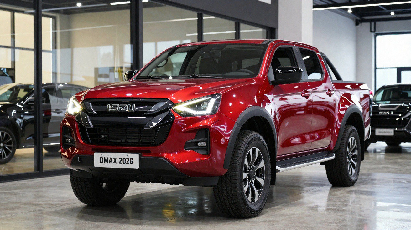 Roter Isuzu D-Max Pickup-Truck Modell 2026 in einem modernen Autohaus unter Beleuchtung.