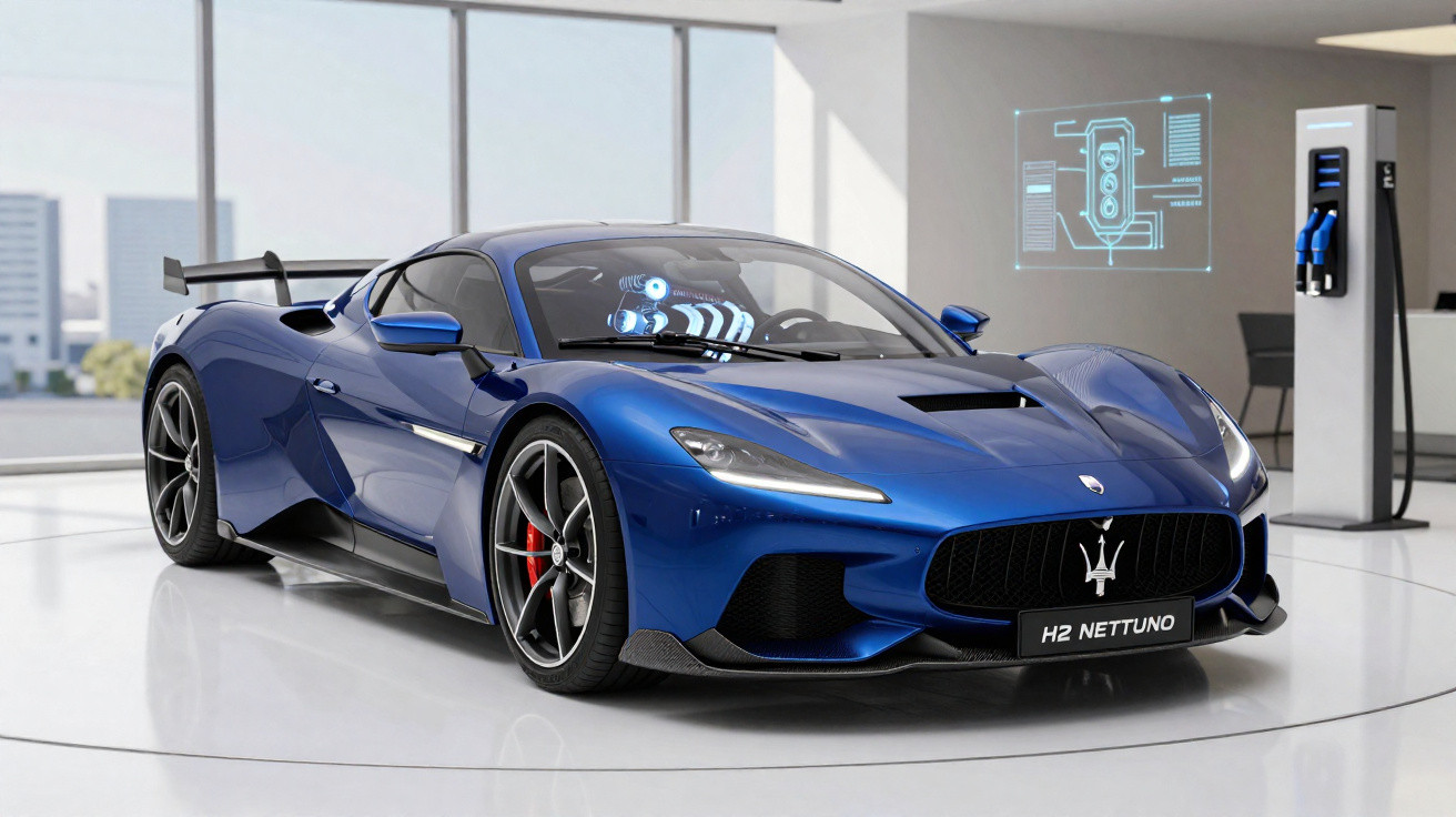Blauer Maserati H2 Nettuno Supersportwagen in modernem Showroom neben Ladestation mit Technikschema an der Wand.