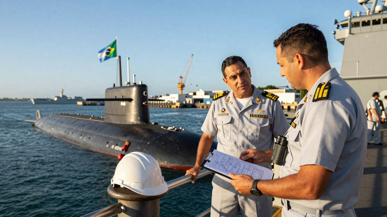 Zwei Marineoffiziere in Uniform besprechen Unterlagen auf einem Schiff mit U-Boot und brasilianischer Flagge im Hafen.