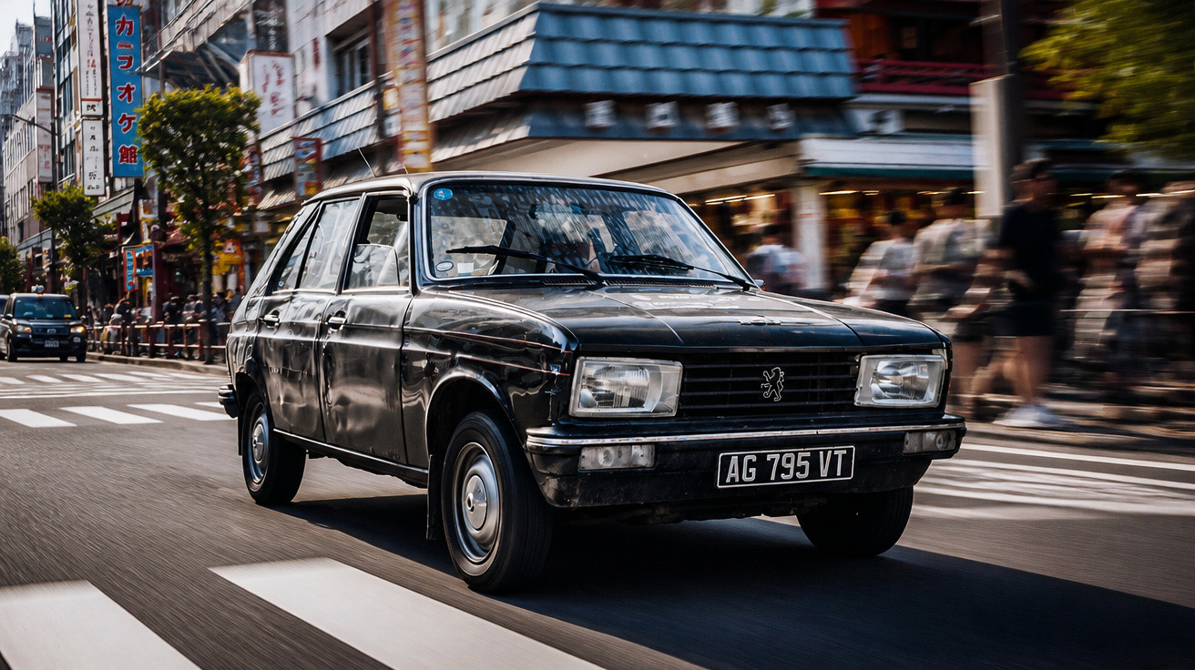 Schwarzes Peugeot-Auto fährt auf belebter Straße in japanischem Stadtgebiet mit Fußgängern und Gebäuden.