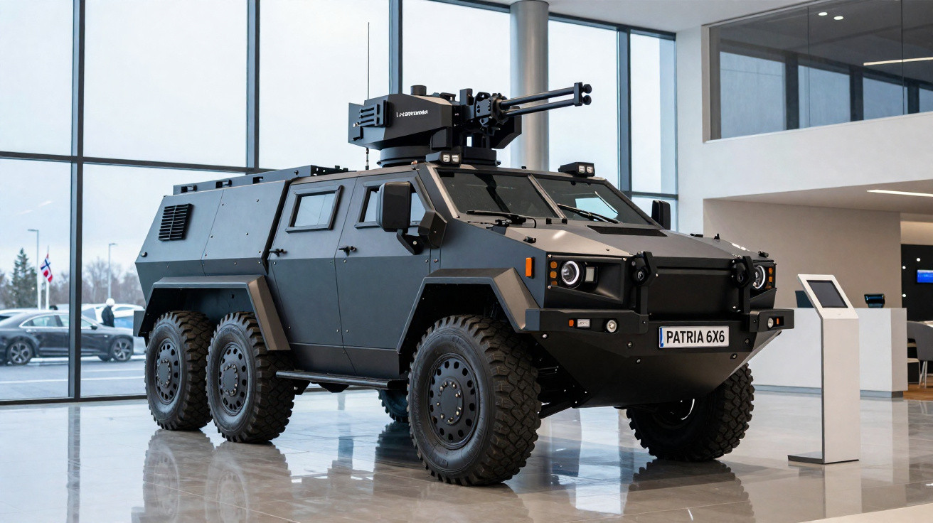 Schwarzer gepanzerter 6x6 Militärfahrzeug mit Waffenstation in einem modernen Ausstellungsraum.