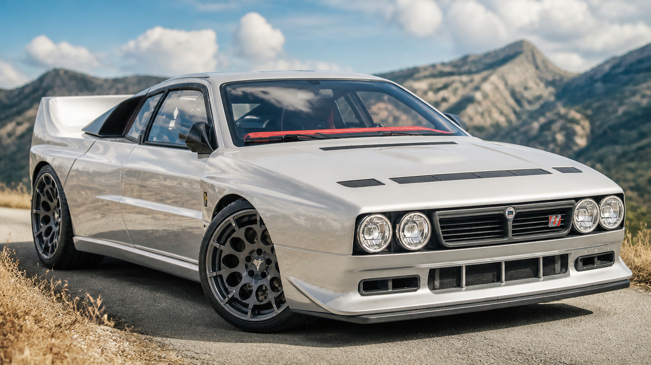 Weißer Lancia Delta S4 Sportwagen auf Landstraße vor Bergkulisse bei bewölktem Himmel.