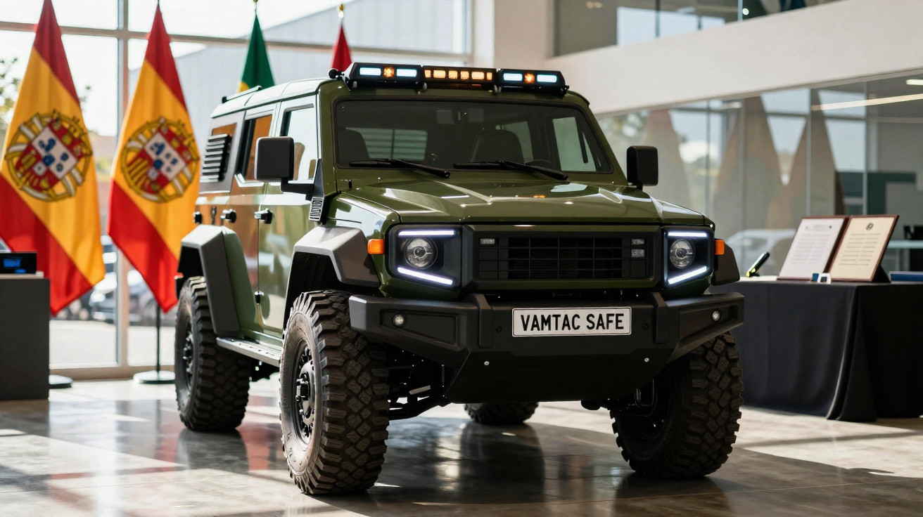 Grüner Vamtac Safe Militärgeländewagen mit großen Reifen und spanischen Flaggen im Hintergrund in Ausstellungshalle.