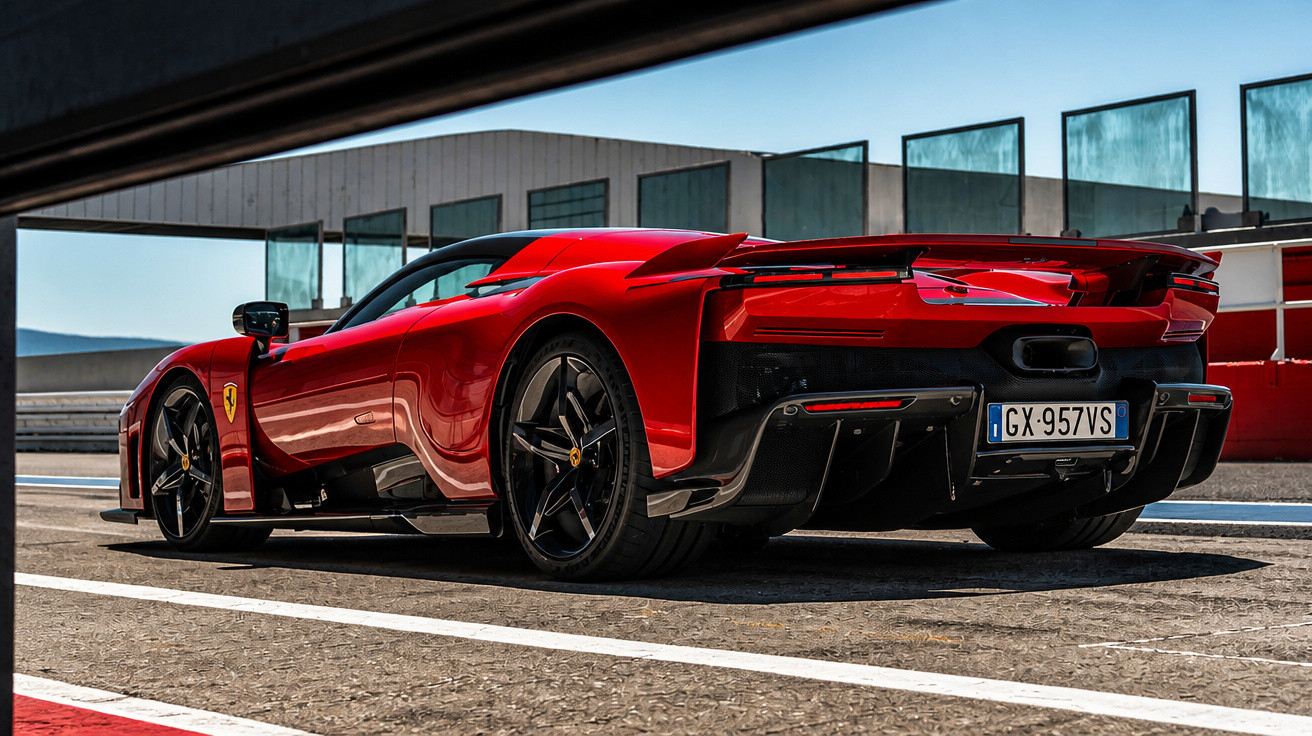 Roter Ferrari-Supersportwagen mit schwarzem Heck und großen Rädern auf Rennstrecke vor moderner Glasfassade.
